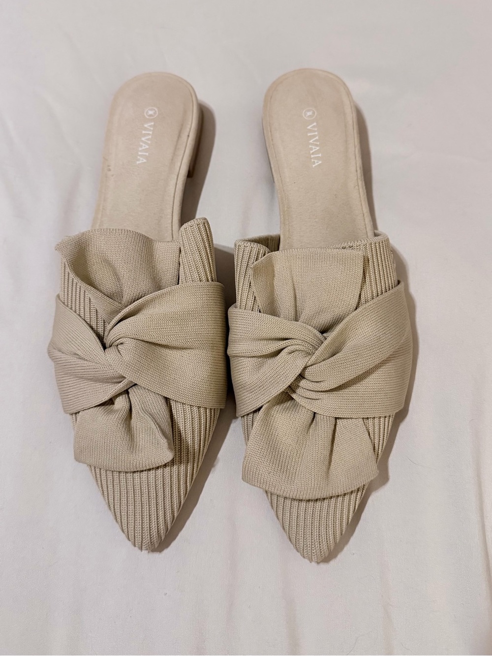 Vivaia Beige Knot-Front Pointed Slip-On Mules